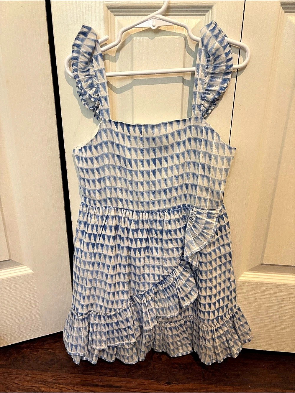 Blue & White Geometric Ruffle Dress Like New